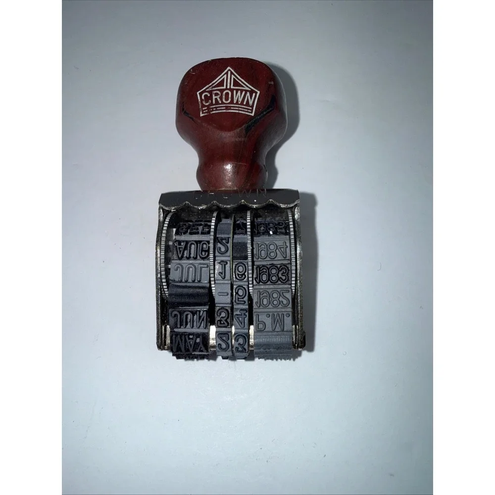 Vintage Crown Rubber Dater Stamp Wood Handle Made in USA 1980s Office Decor